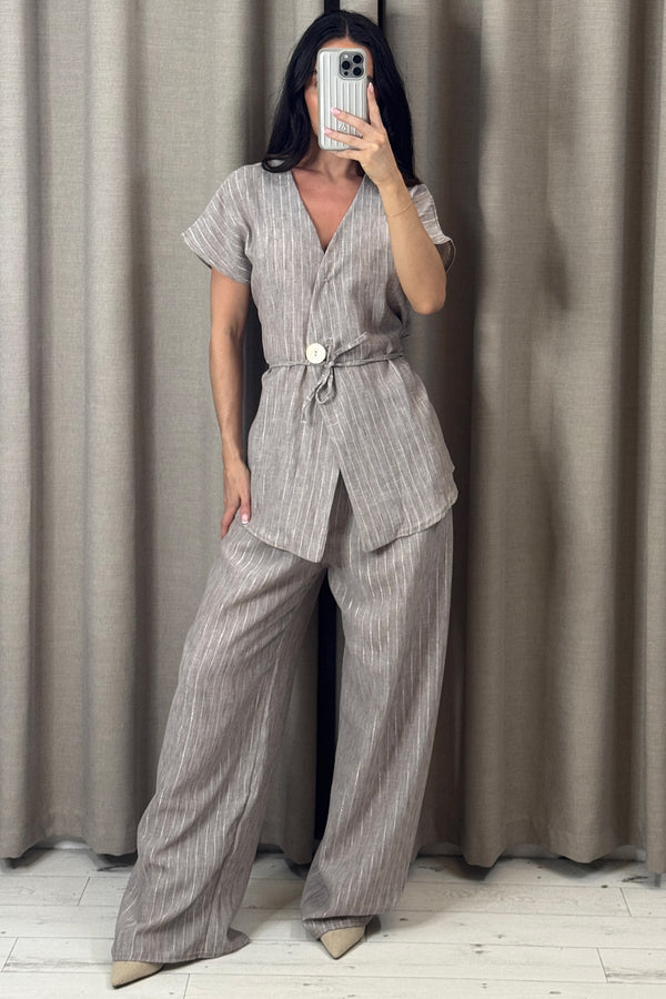 Sady Beige Stripe Gold Button Waistcoat and Wide Leg Trousers Co-Ord Set